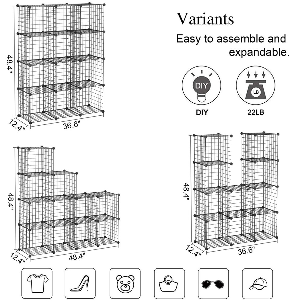 Wire Cube Storage 12-Cube Organizer Metal C Grids Bins Shelving Modular