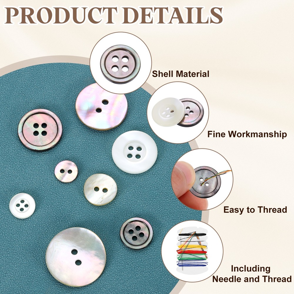 15Pcs 4 Hole 10mm Natural Shell Button with Sewing Thread Kit, Black