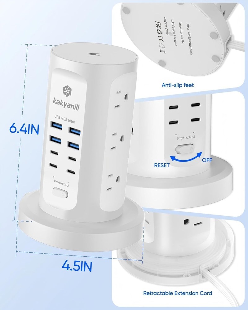 Vertical Power Strip Tower with USB - Surge Protector