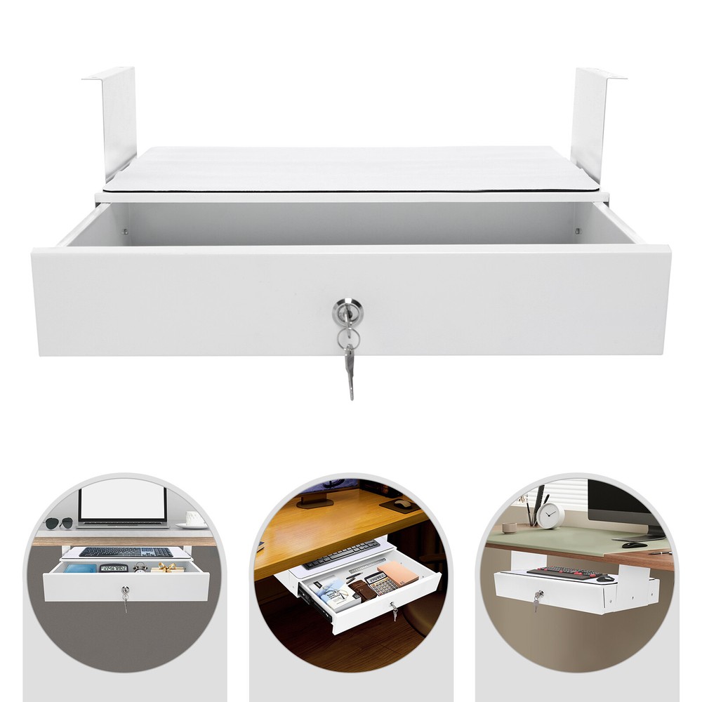 Under Desk Mounted Sliding Pull-out Storage Drawer With Computer Pad White USA
