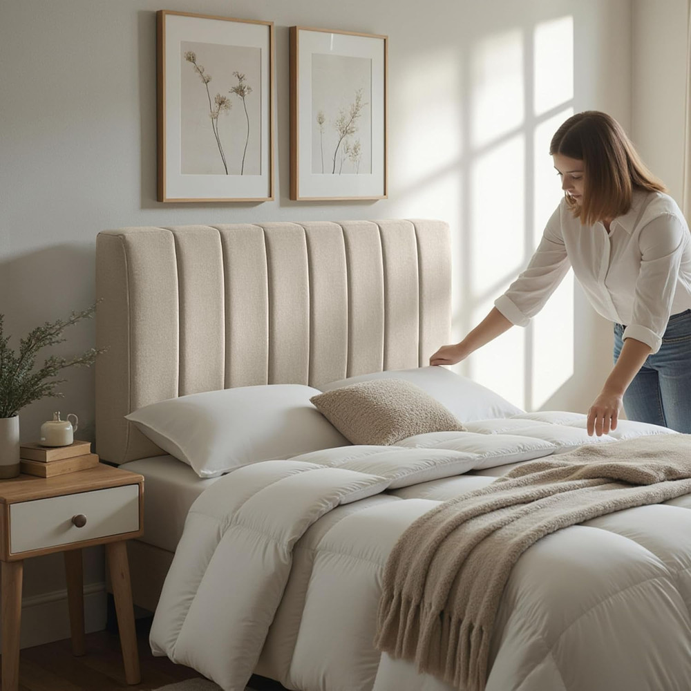 Beige Upholstered King Headboard - Easy Assemble & Soundproof Design