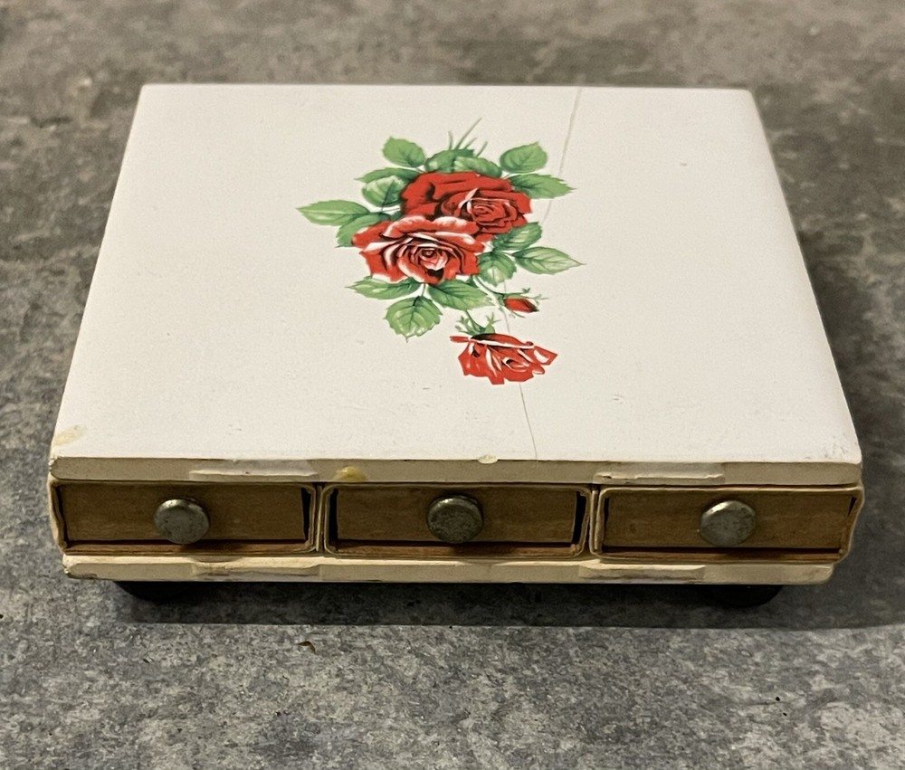 Vintage Square Roses Ceramic Tile Match Holder Box