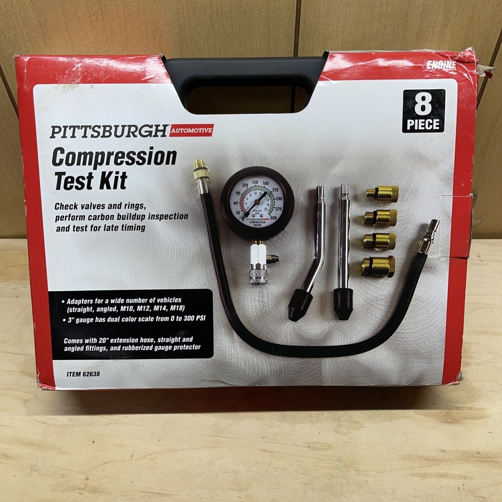 Compression Test Kit in Case 8 Piece Engine Cylinder Auto Motorcycle 300psi 20"