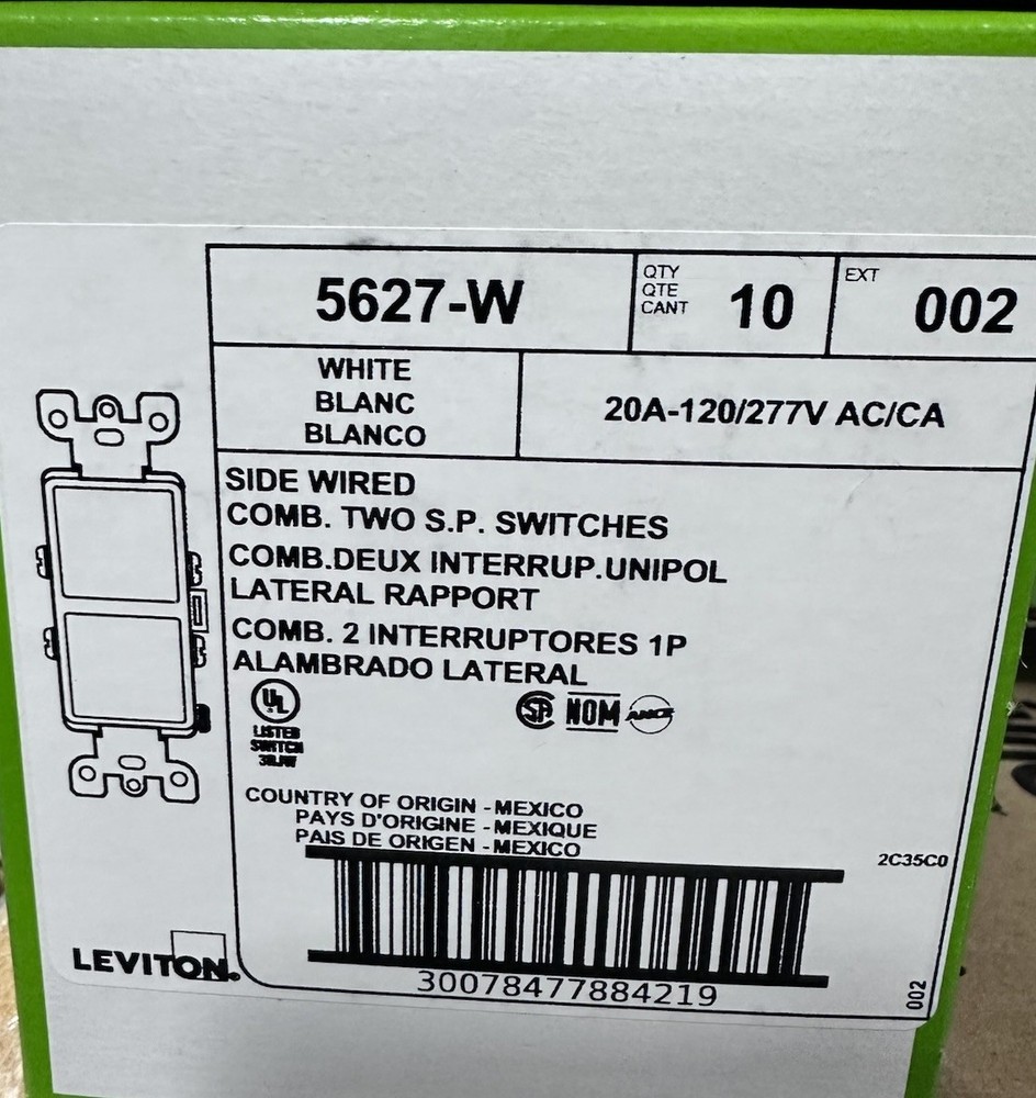Leviton 5627-W Single Pole Switch 20A 120