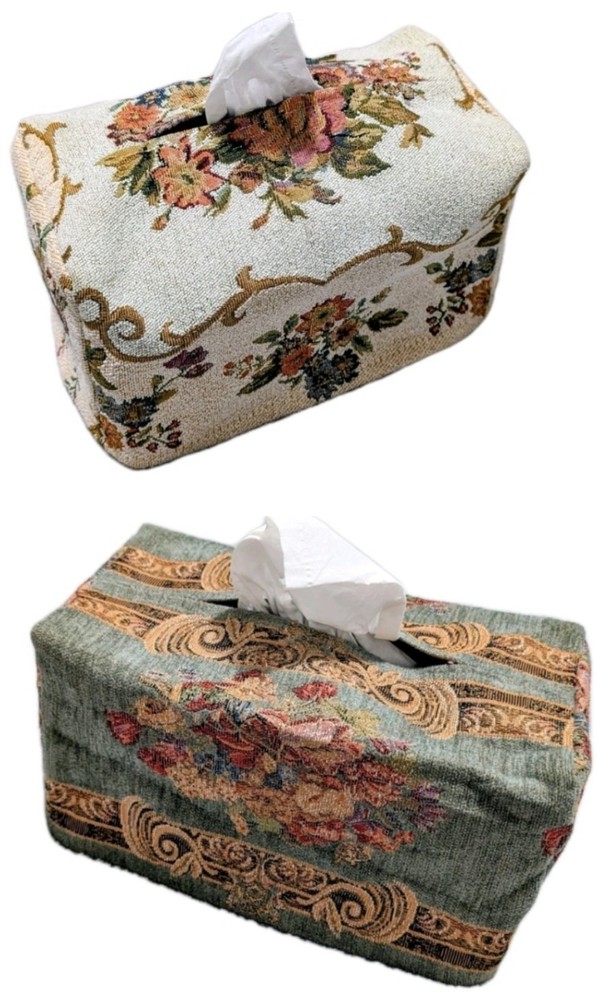 2pc Lot Vintage Victorian Tapestry rectangular Tissue Box Cover Rare