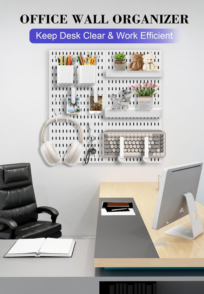 4 PCS White Pegboard Wall Organizer Set Hooks Shelves Office Kitchen Display