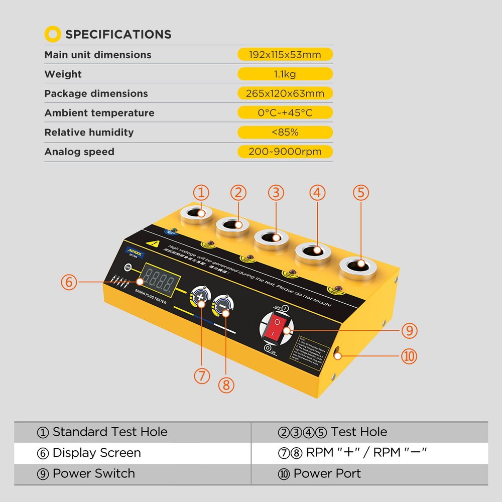AUTOOL SPT360 12V Car Spark Plug Tester Five Hole Ignition Spark Plug Analyzer