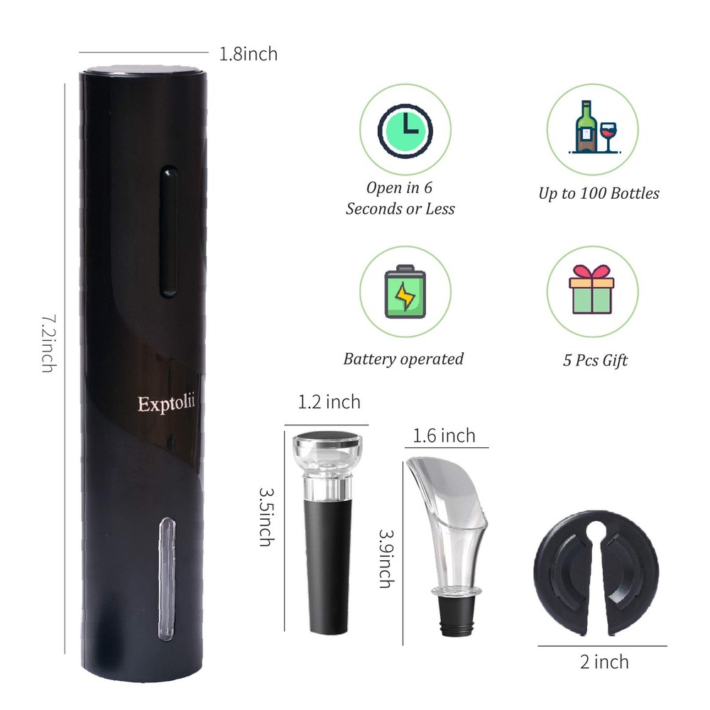 Exptolii Electric Wine Opener, Automatic Bottle Corkscrew with Battery-Black