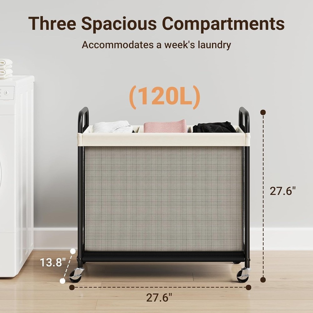 Laundry Hamper 3 Section 120L Rolling Laundry Sorter W/ Removable Liner Bag