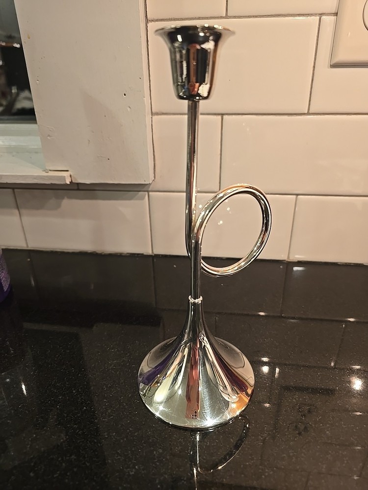 Vintage Silver Plated  Bugle Horn Candlestick 8.25in