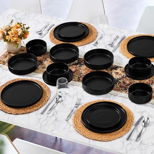 Dinnerware Sets with Pasta Bowls for 4 Piece Dinner Salad 16 Matte Black