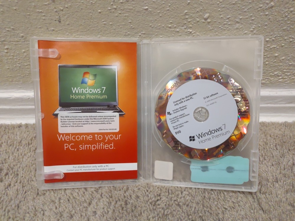 Microsoft Windows 7 Home Premium 32 Bit Full Version DVD w Product Key Code!