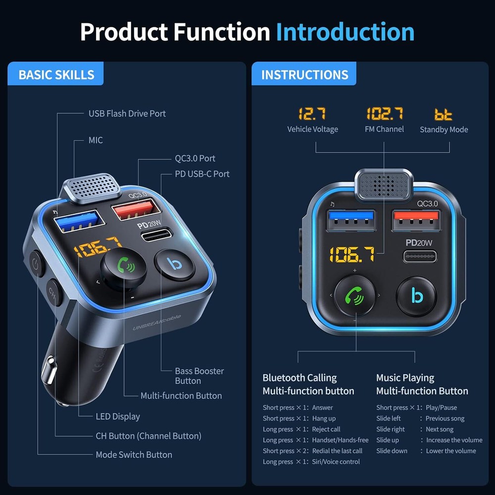 Bluetooth 5.3 Wireless Audio Adapter Fm Transmitter Fast Charging Car Kit