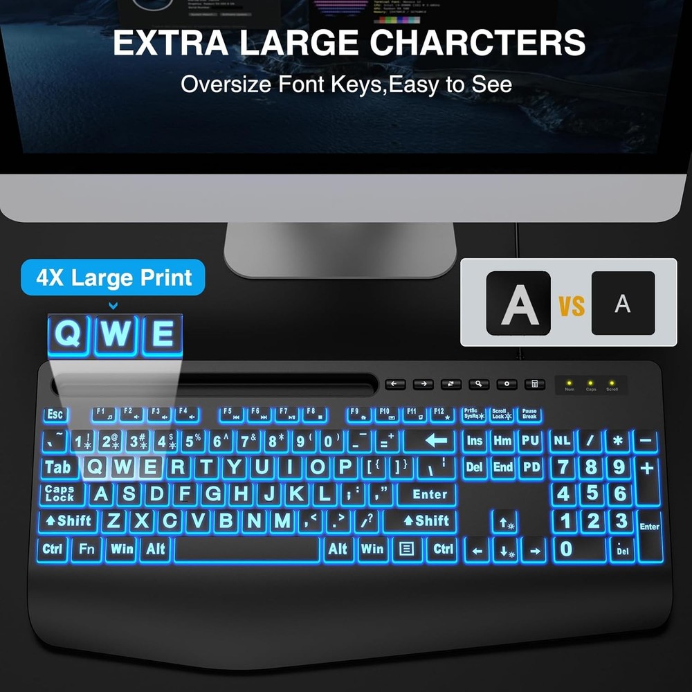 Large Print Backlit Keyboard, Wired USB Computer Keyboards with 7-Colors Backlig