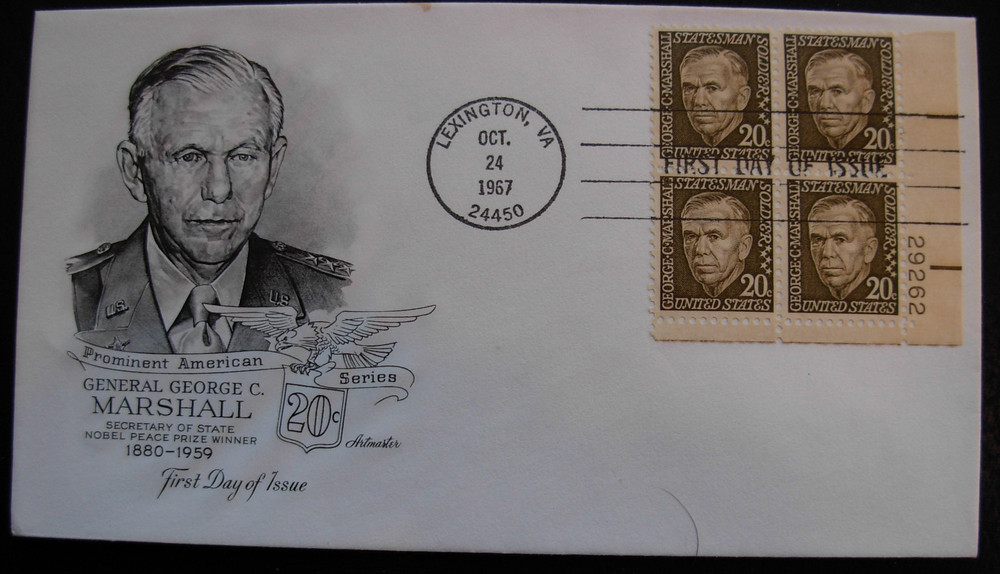 1289 George Marshall, FDC - Matched Set Plate # 29262 Blocks Artmaster