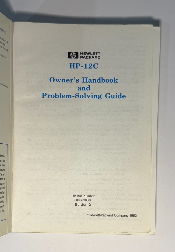 HP-12C Calculator Owner's Handbook and Problem-Solving Guide Manual
