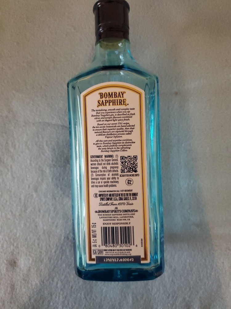 "BOMBAY SAPPHIRE GIN" EMPTY BOTTLE 750ML