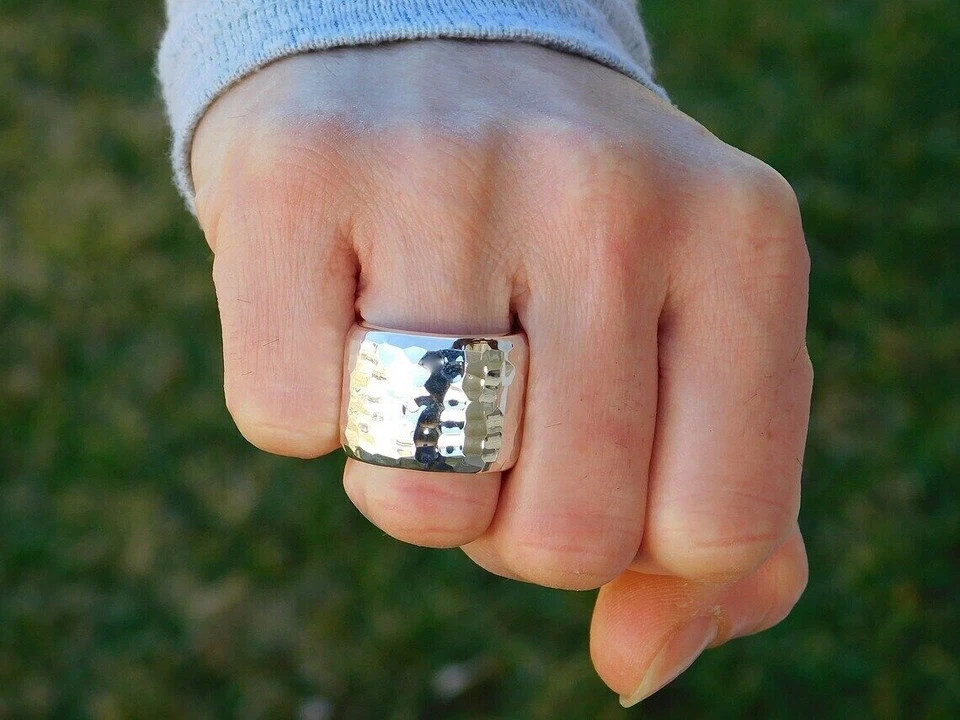 Solid 925 Sterling Silver Hammered Band Ring Statement Handmade Ring All Size