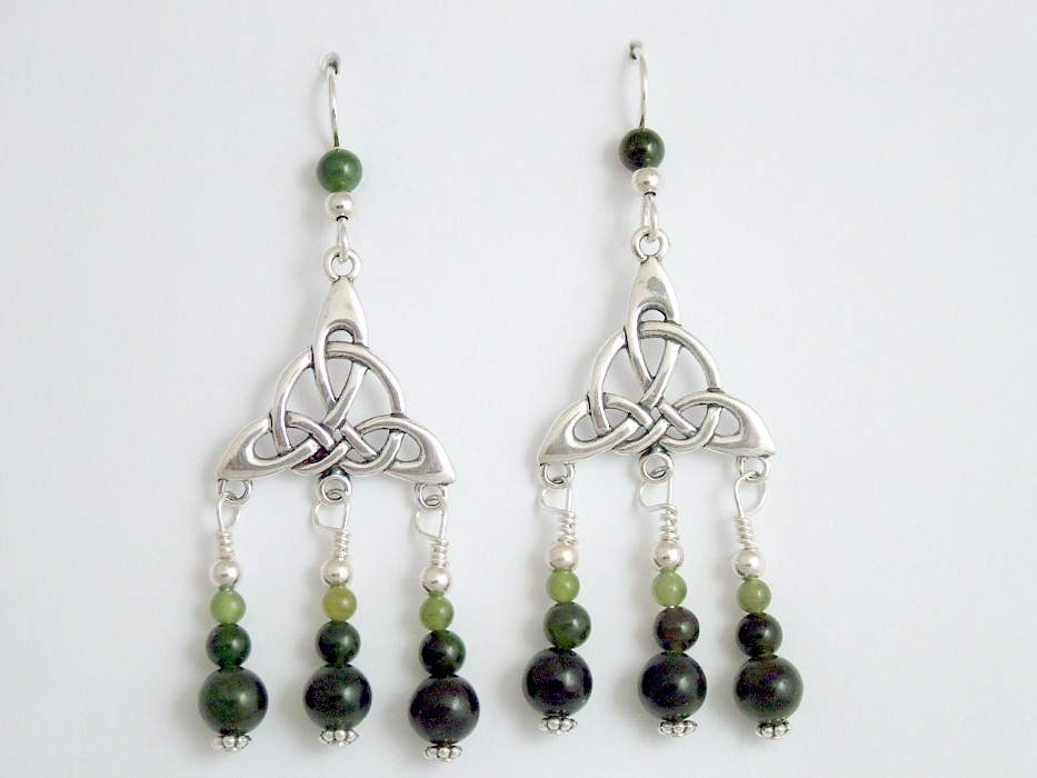 Sterling Silver large Celtic trinity knot with swoop dangle Earrings-Jade, knots