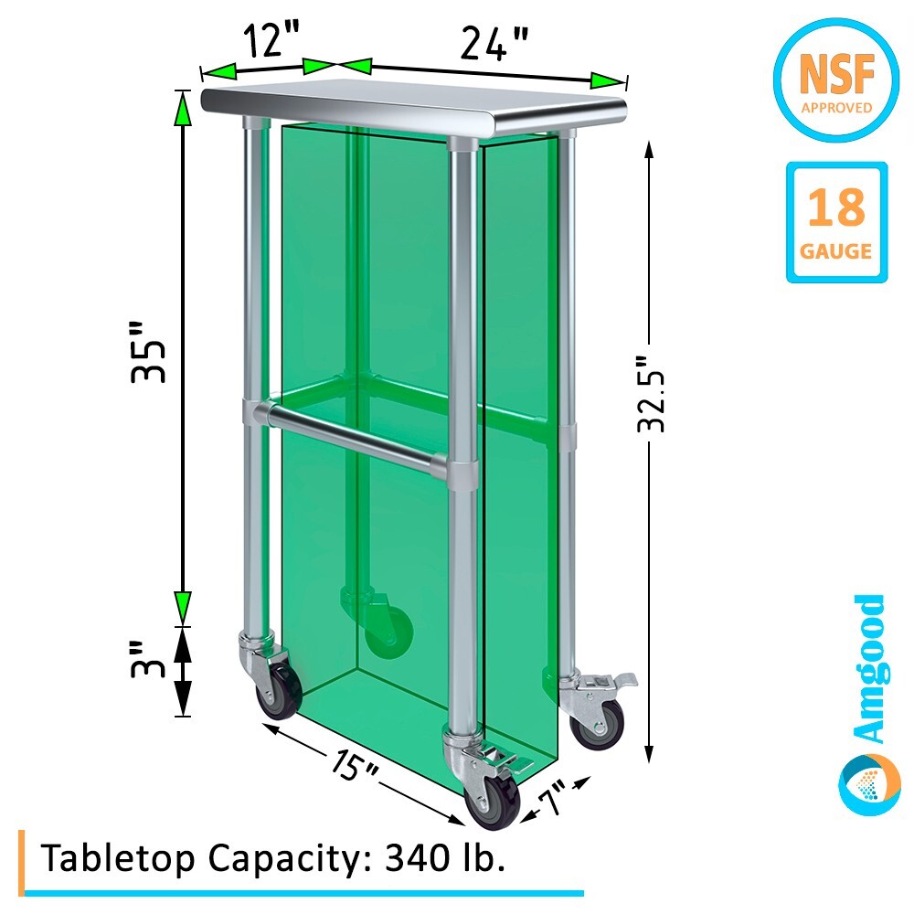 24 in. x 12 in. Stainless Steel Work Table Open Base & Wheels | Mobile Table