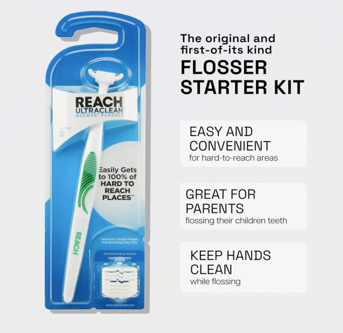 Flosser Starter Kit – 1 Handle + 8 Refills, Unflavored, Reaches Back Teeth