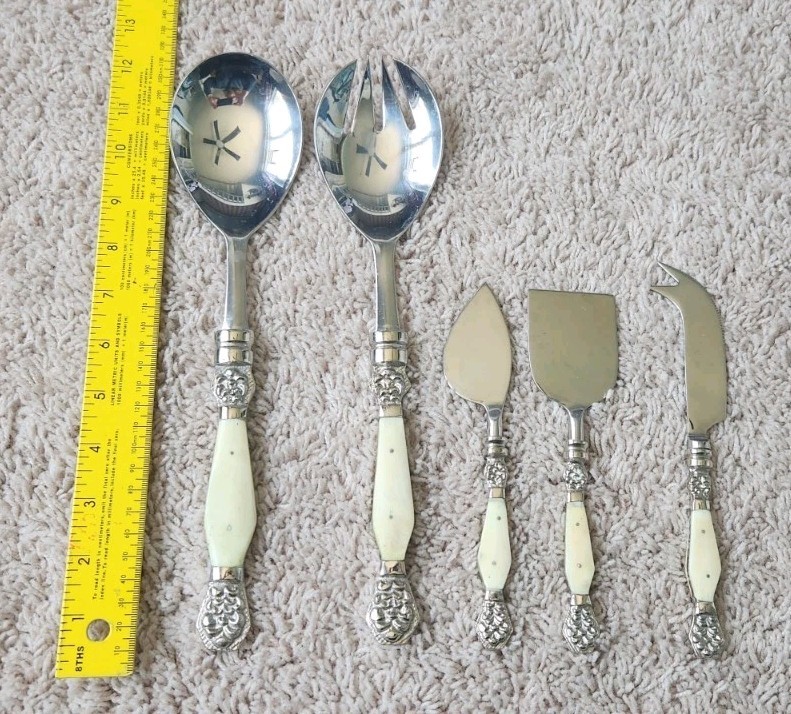 5 Piece Serving Set Unbranded Stainless And Bone Colored (#99)