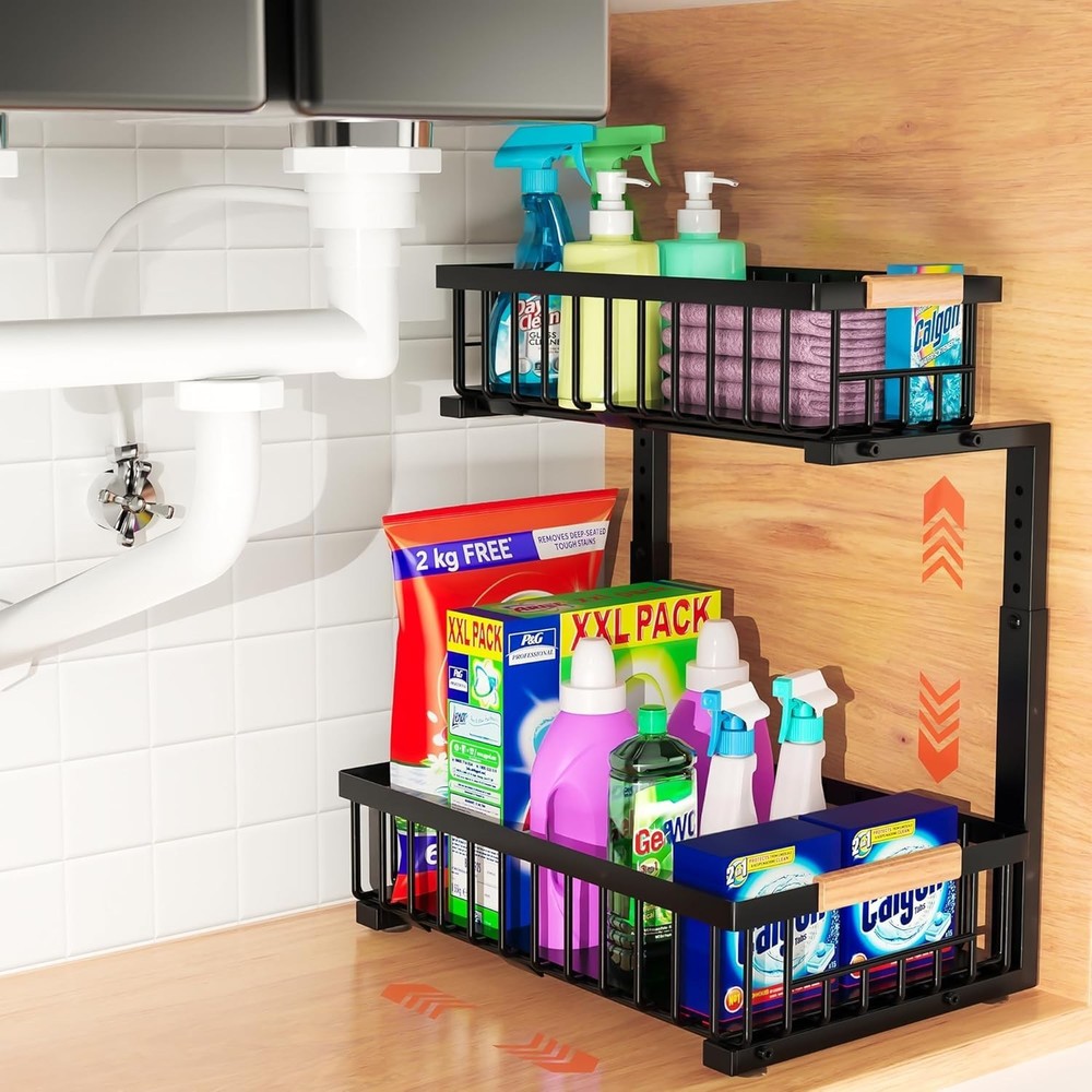 Left or Right Install – under Sink Organizer, 2-Tier Adjustable Height Pull Out