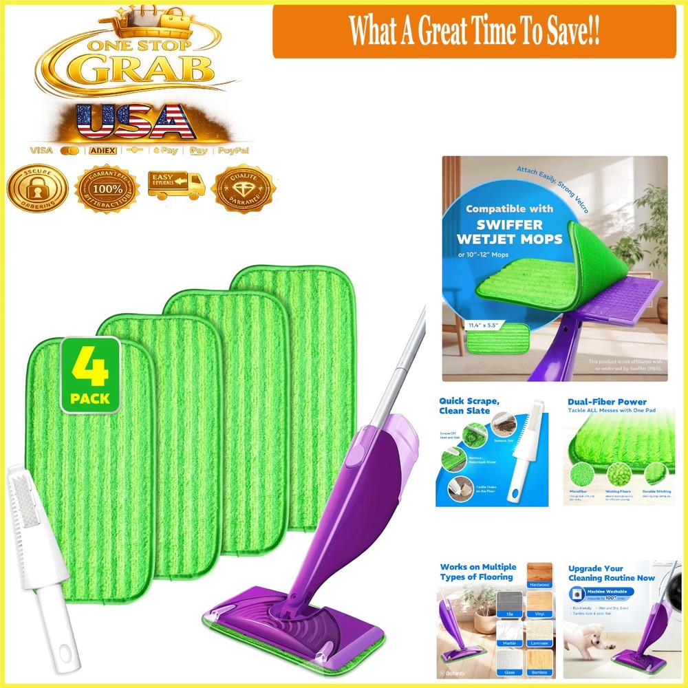 4 Pack Reusable Microfiber Mop Pads for WetJet & Flat Mops Green