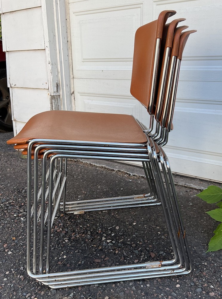 4 VINTAGE MAX-STACKER CHAIRS STACKABLE STEEL-CASE ORANGE & CHROME Give Inc