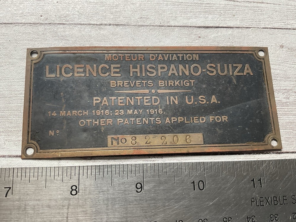 ORIGINAL WWI HISPANO SUIZA AIRCRAFT ENGINE SPEC DATA NAME PLATE