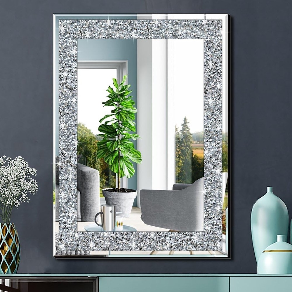 Crystal Crush Diamond Rectangle Silver Mirror Wall Decoration 24x32inch Wall