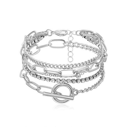 Layered Chunky Chain Lock Pendant Bracelets Statement Bohemian B silver