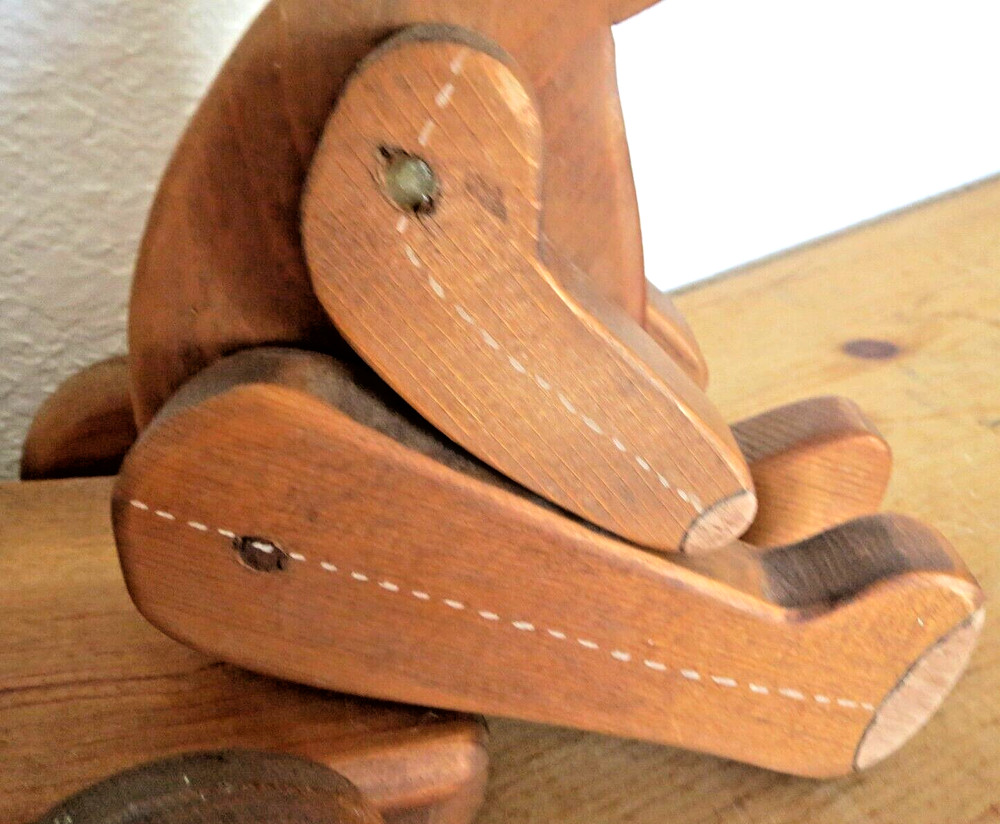 Vintage Jointed Wooden Bear Pull Toy ~ Wheels turn & pull string ~ Base Swivels