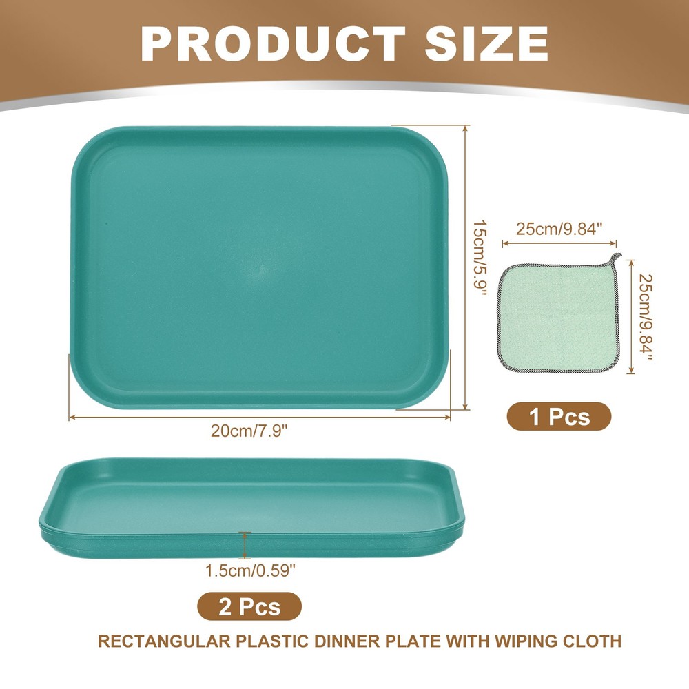 2PCS 7.9x5.9" Rectangular Plates Wheat Plastic Dinner Plates Dark Green