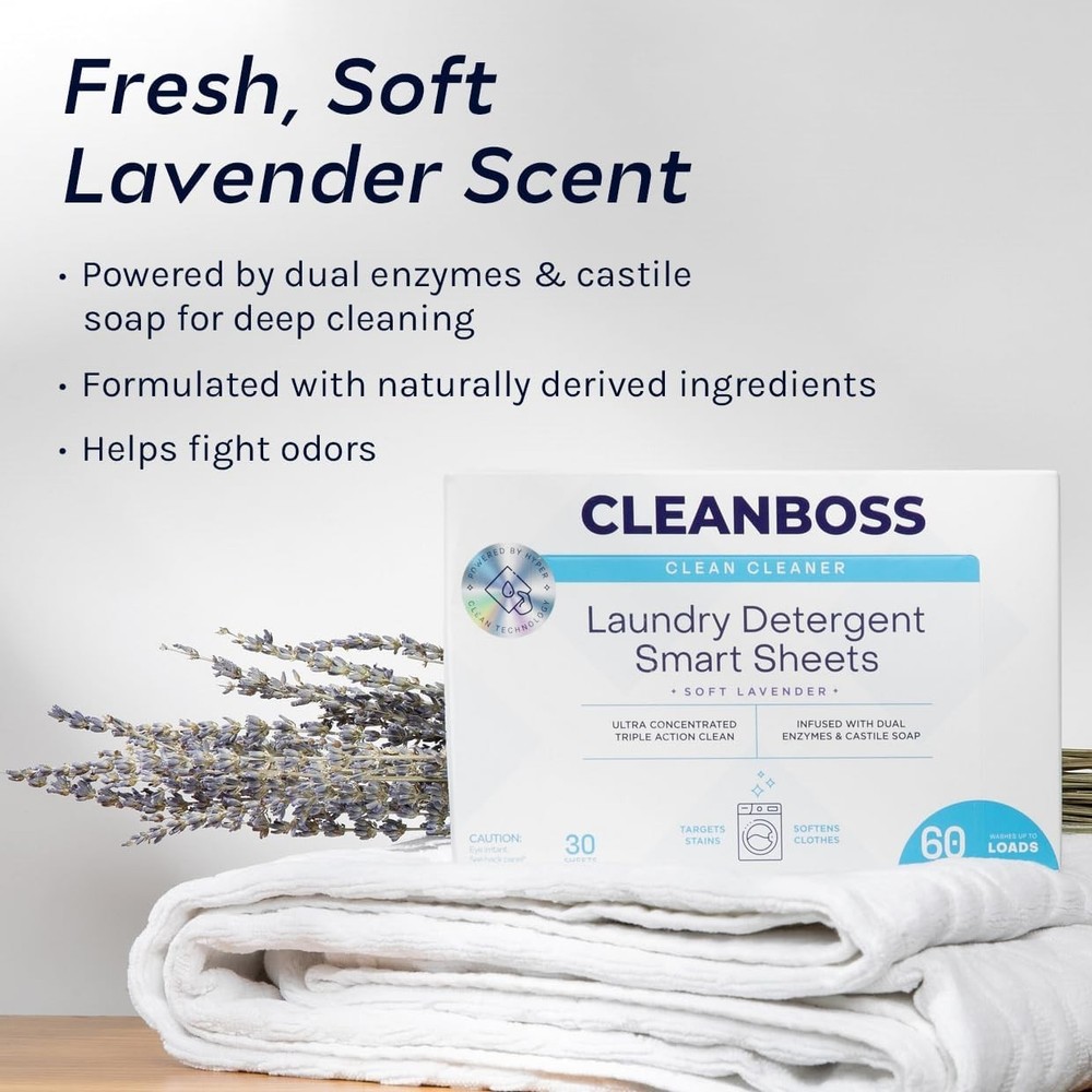 CleanBoss Laundry Detergent Smart Sheets 60 Loads Lavender 30 sheets