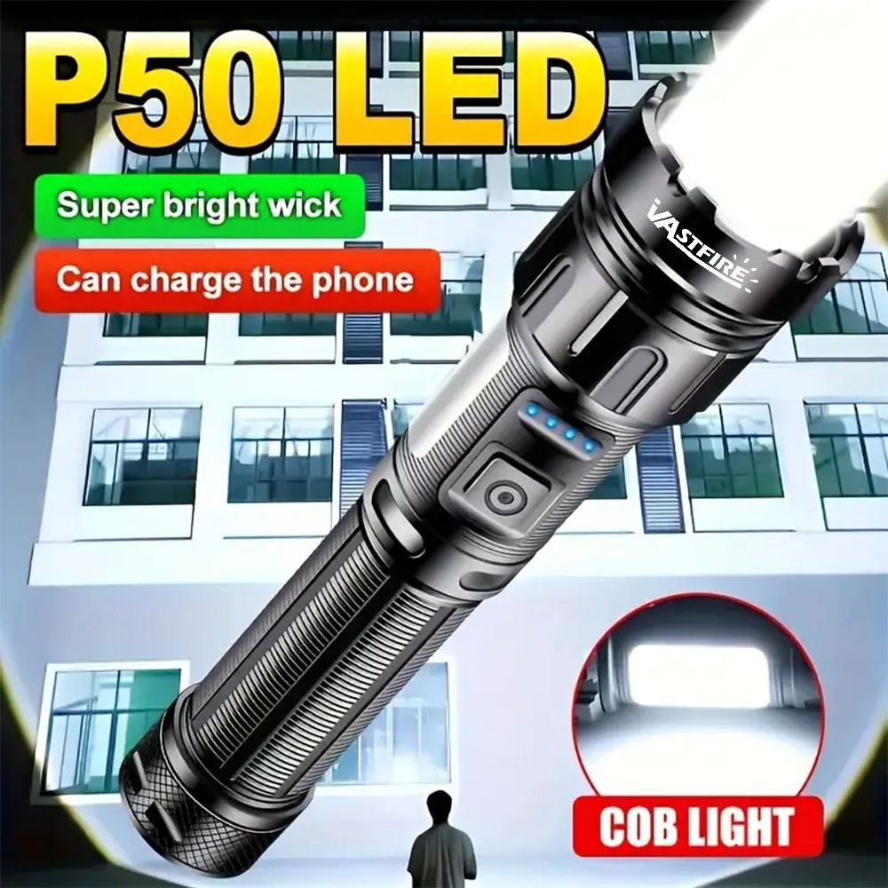 Super Bright LED Flashlight Zoomable Torch USB Rechargeable COB Side Soft Light