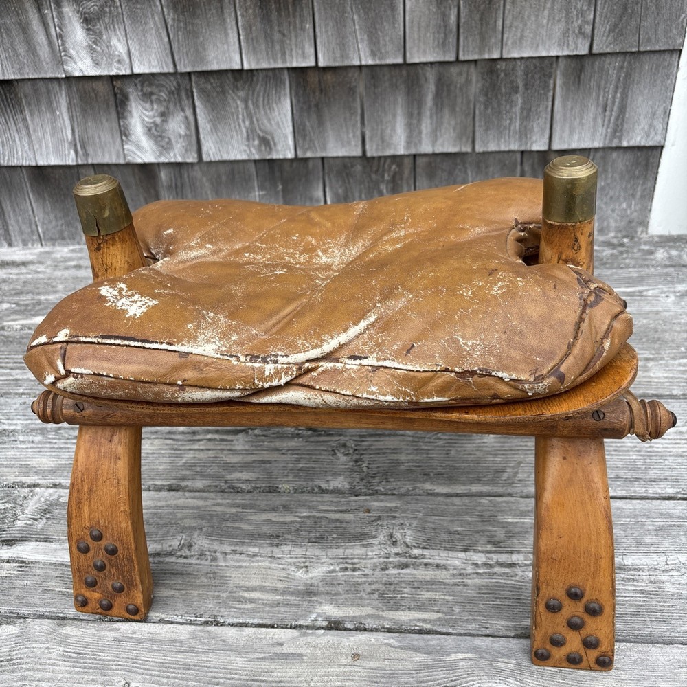Vtg Camel Saddle Stool Brass Caps Leather Ottoman Rustic Modern Heritage Decor