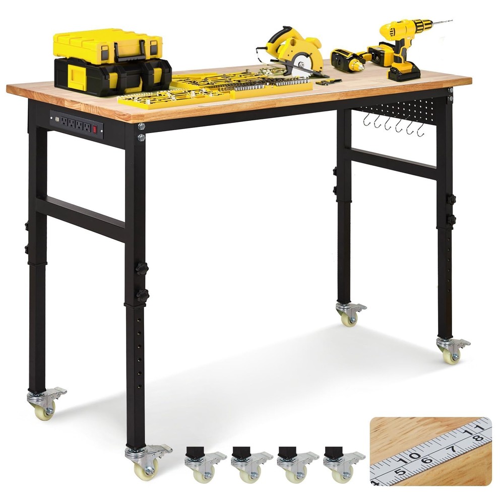 48" Adjustable Workbench 2000Lbs Work Bench Garage w/ Pegboard & Power Outlets