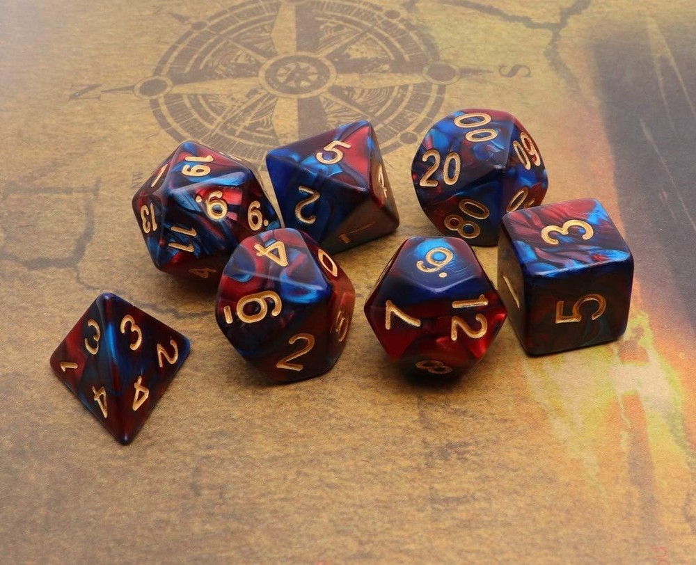 Versatile Red and Blue D&D Polyhedral Dice Set with Convenient Storage Bag