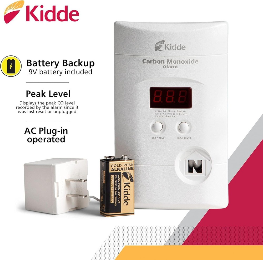 Kidde Carbon Monoxide Detector, Plug In Wall with 9-Volt Battery Backup, Digital