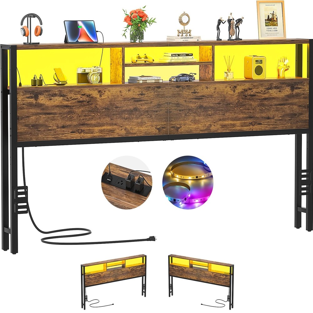 King Size Headboard with Storage, USB Ports, LED Light, Height Adjustable, Rusti