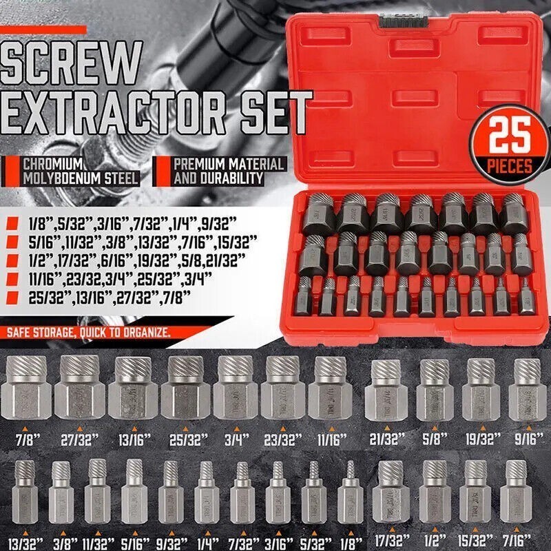 25Pcs Screw Extractor Set Hex Head Multi-Spline Easy Out Bolt Extractor Set
