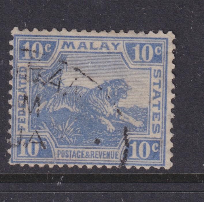 FEDERATED MALAY STATES, 1922 Script CA, 10c. Bright Blue, used.