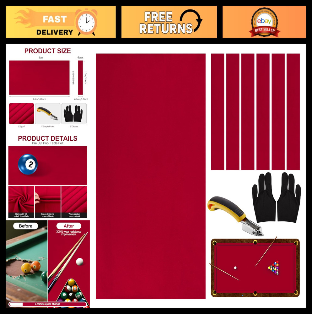 8ft Pool Table Felt Replacement Kit - Pre-Cut Billiard Cloth, Gloves & Tools