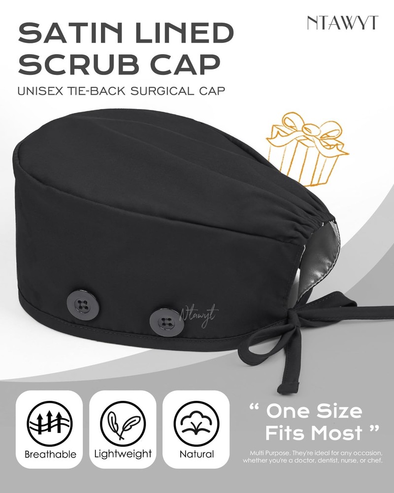 Unisex Satin Lined Scrub Cap Adjustable Tie Back Nurse Working Hat
