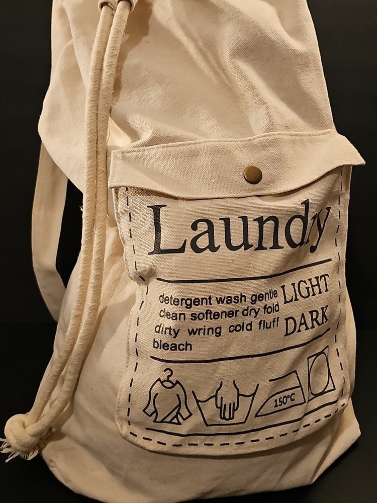 Laundry Hamper Bag with Adjustable Drawstring and Carrying Strap - Beige