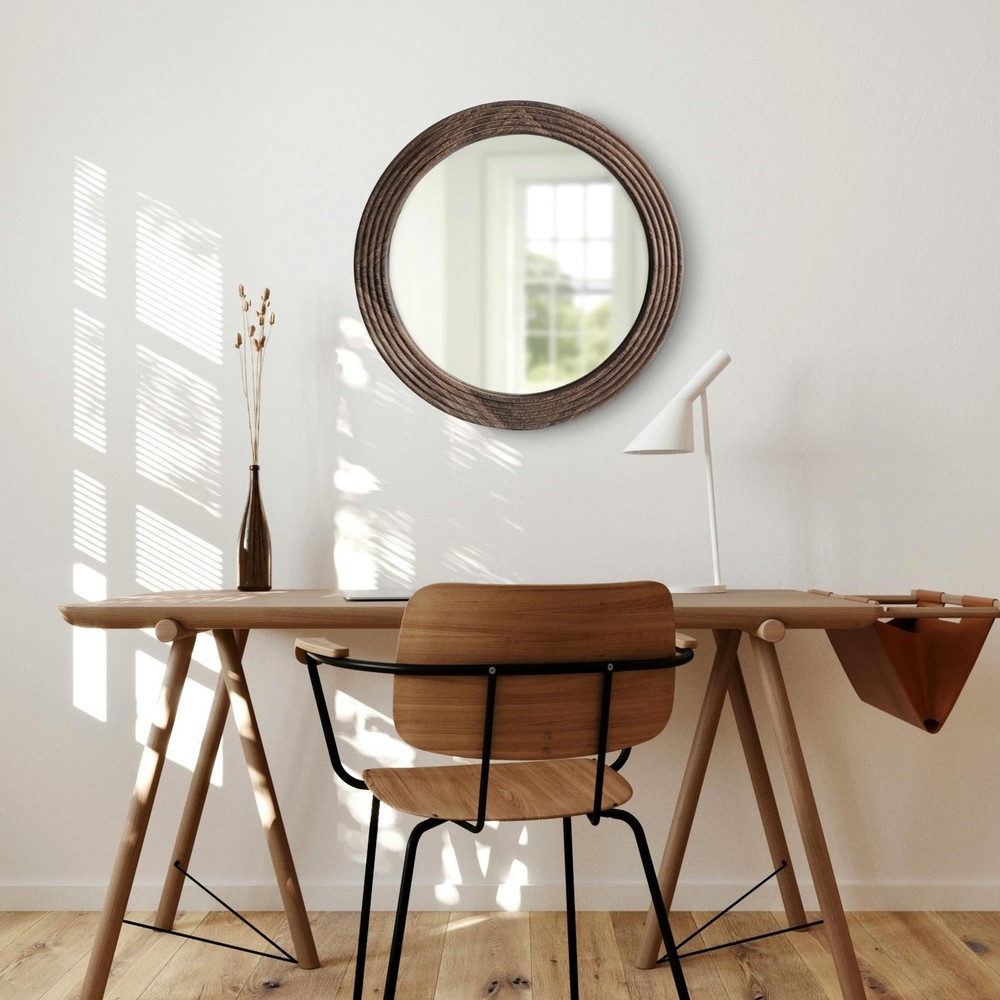 Round Mirror, Farmhouse Decor Solid Wood Frame Wall Circle Mirror, Decorative...