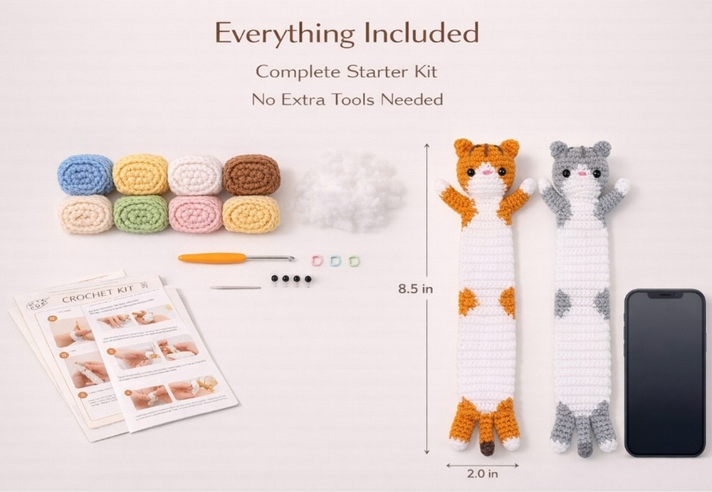 Cat Crochet Bookmark Kit 2 Pack for Beginners DIY Set with Video Tutorial