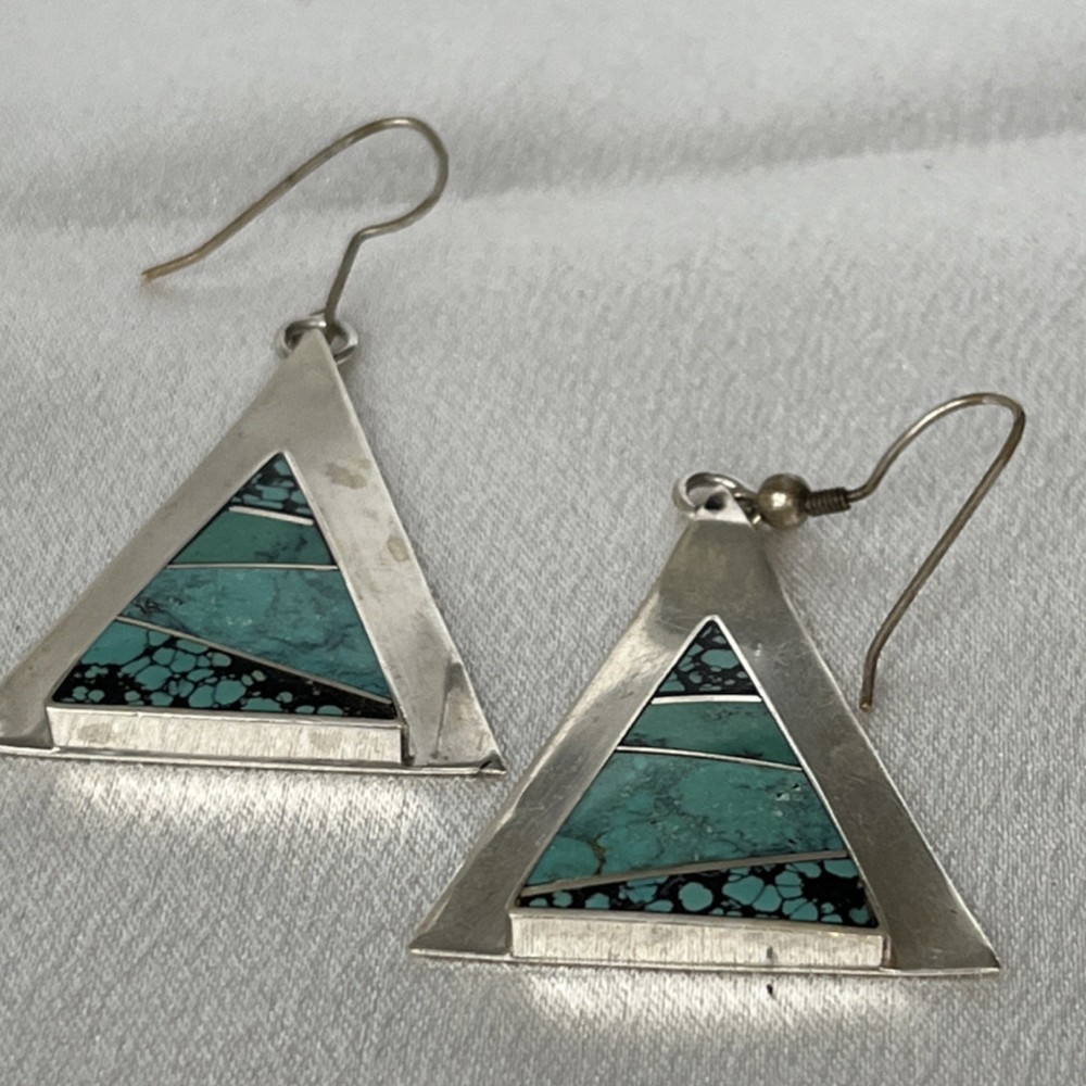 L Jackson Triangle Turquoise Inlay Dangle Silver Earrings