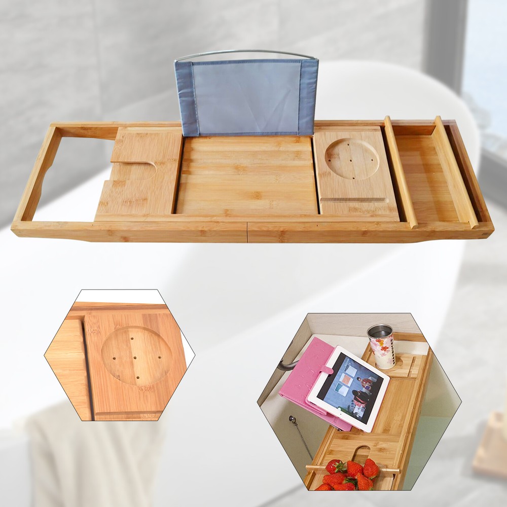 Bamboo Bath Tray Table - Adjustable Caddy with Multifunctional Groove
